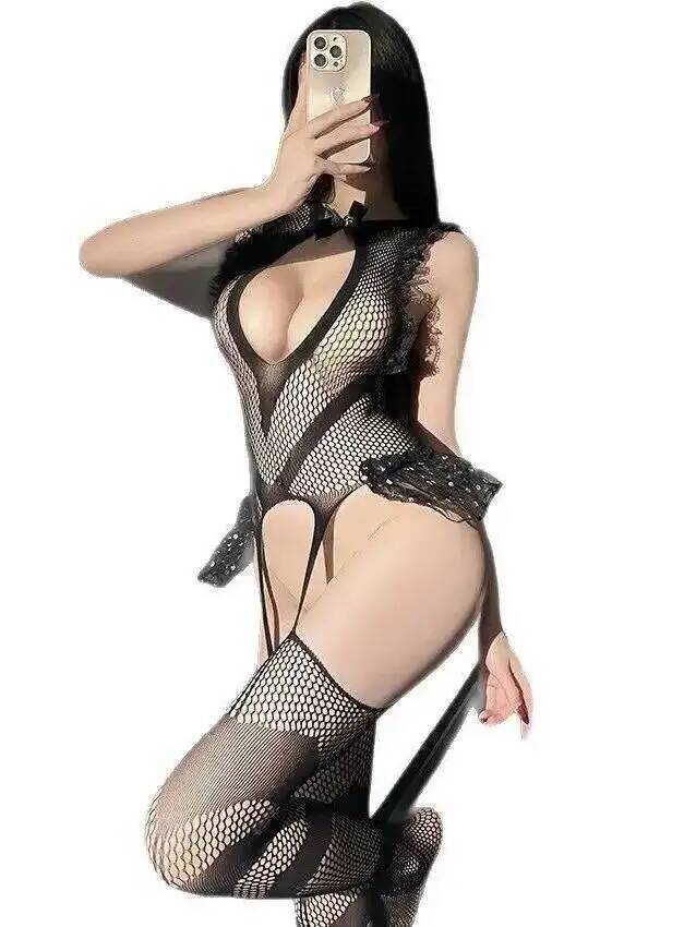 Fishing Net - Sexy Spitzenbesatz Fischnetz-Bodystocking Netzstrümpfe Rückenfreier Po-Exponierer