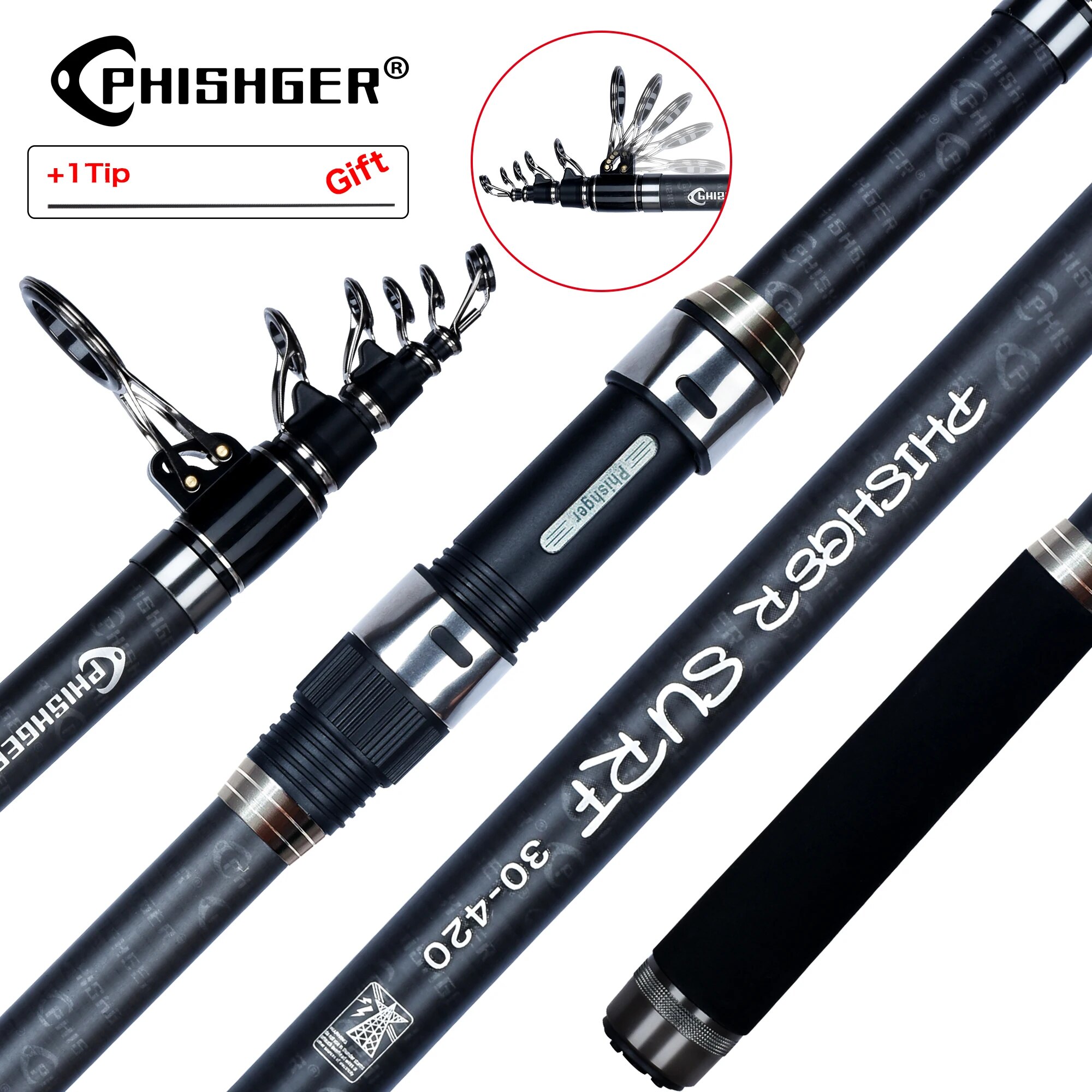 Surf Fishing Equipment - PHISHGER Teleskop-Surf-Spinnrute, 3,6/4,2/4,5 m, Leistung 80–150