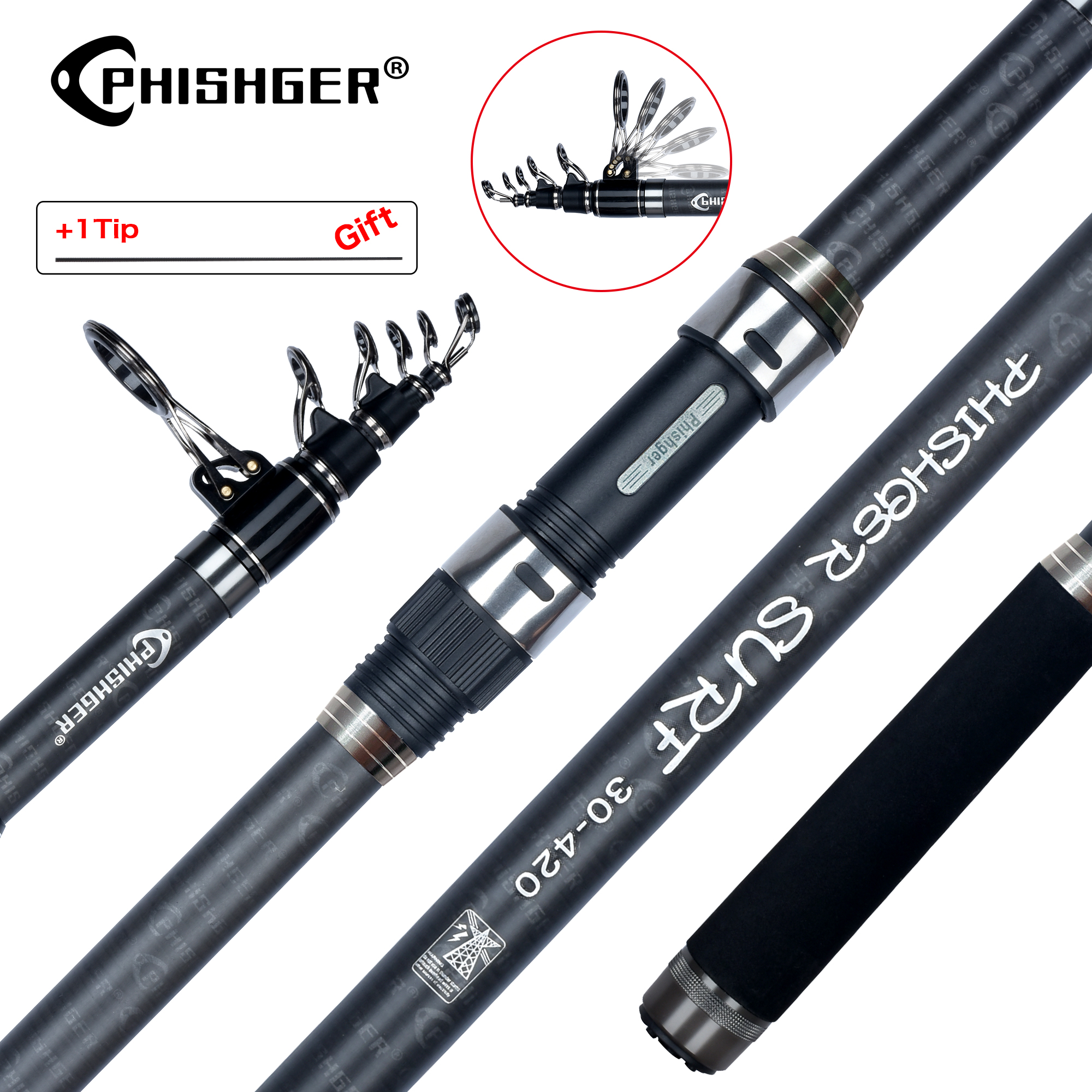 Surf Fishing Equipment - PHISHGER Teleskop-Surf-Spinnrute, 3,6/4,2/4,5/5,0/5,3 m, Leistung 80–150